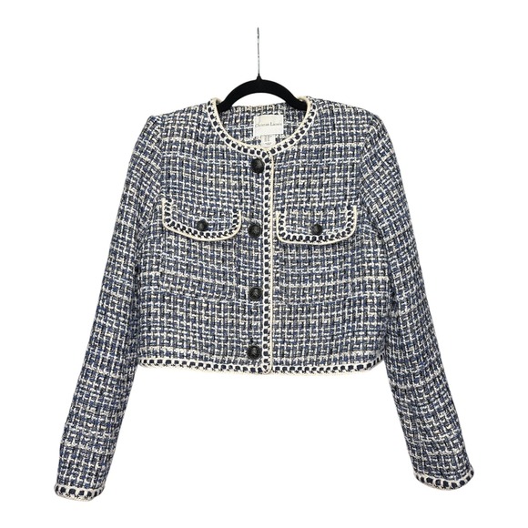 Christian Lacroix Jackets & Blazers - Christian Lacroix Blue White Tweed Cropped Jacket Blazer Whipstitch Trim Size 4